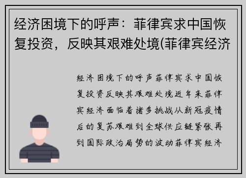 经济困境下的呼声：菲律宾求中国恢复投资，反映其艰难处境(菲律宾经济开始复苏)
